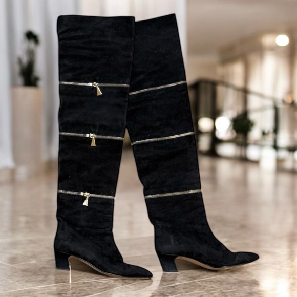 Anne Klein Shoes - RARE Vintage Anne Klein Boots Couture Zipper Black Suede Over the Knee 7.5 7 1/2